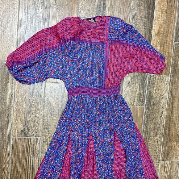 Vintage Diane Freis Dress Womens Medium Blue Red Floral Georgette Flare Boho 80s - Picture 11 of 16
